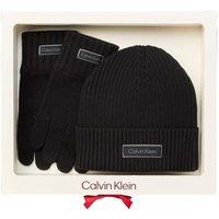 Calvin Klein Mens Chunky Rib Turn-Up Cuff Branded Beanie & Gloves Gift Set - Black