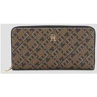 Tommy Hilfiger Women'S Th Icon Large Zip Around Wallet With Signature Monogram Print - Black/Brown