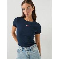 Tommy Jeans Women'S Slim Fit Ribbed T-Shirt With Logo Badge - Navy