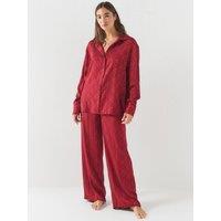 Calvin Klein Womens Long Sleeve Satin Button-Through Pyjama Set