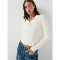 Tommy Jeans Women'S Ribbed Tie Neck Polo Knitted Top - Cream