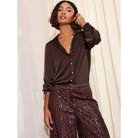 Friends Like These Satin Button Through Shirt - Chocolate Brown