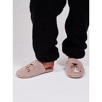 Loungeable Martini Embroidered Faux Fur Slippers - Beige