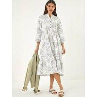 Roman Floral Puff Print Buttoned Midi Dress
