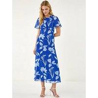 Roman Floral Print Flutter Sleeve Midi Dress