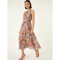 Roman Animal Print Chiffon Pleat Neck Midi Dress