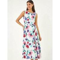 Roman Pleat Neck Floral Midi Dress
