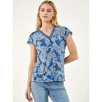 Roman Leaf Print Lace Trim Top