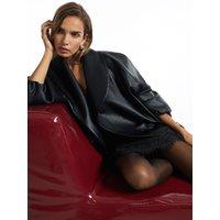 River Island Womens Shawl Collar Faux Leather Cropped Bomber Jacket - Black