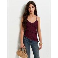 New Look 915 Girls Ruffle Trim Asymmetric Lace Cami Top - Red