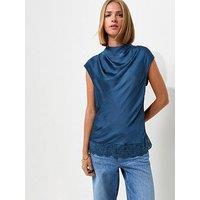 New Look Satin Cowl Neck Lace Hem Top - Blue