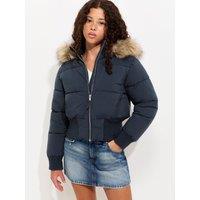 New Look 915 Girls Faux Fur Hood Ribbed Cuffs Puffer Jacket - Navy