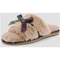 Barbour Womens Eleanora Faux-Fur Tartan Bow Mule Slippers - Brown