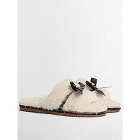 Barbour Womens Faux-Fur Feel Tartan Bow Mule Slippers - Cream