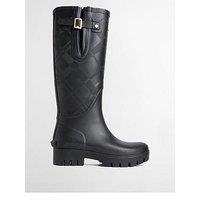 Barbour Womens Tall Tartan-Embossed Buckle Chunky Sole Wellington Boots - Black