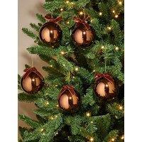 Festive Pack Of 5 Shiny Brown Glass Christmas Tree & Baubles & With Bow - 10Cm