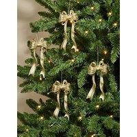 Festive Pack Of 4 Champagne Gold Glitter Bow Christmas Tree Baubles - 18Cm
