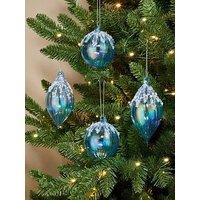Festive Pack Of 4 Pale Blue Ribbed Glass Christmas Tree Baubles - 8Cm