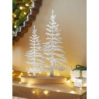 Festive Silver Metal Christmas Trees With Wooden Base - 29Cm