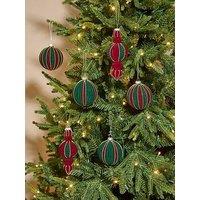Festive Pack Of 6 Flocked Red/Green Glass Christmas Tree & Baubles