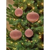 Festive Set Of 4 Brown Flocked Christmas Tree & Baubles