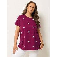 Yours Curve Embroidered Daisy T-Shirt - Pink