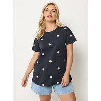 Yours Curve Embroidered Daisy Print T-Shirt - Blue