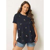 Yours Curve Graphic Regular Crew Neck Tops - Blue