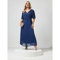 Yours Curve Metallic Pleated Wrap Dress - Blue