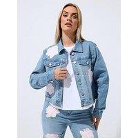 Yours Curve Rose Printed Denim Jacket - Blue