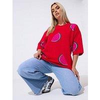 Yours Curve Watermelon Knit Boxy Top - Red