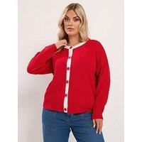 Yours Curve Long Sleeve Contrast Tipped Crew Cardigan - Red
