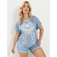 Yours Curve 'Mystic Soul' Laser Cut Slogan T-Shirt - Blue