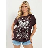 Yours Curve Placement Print Laser Cut T-Shirt - Brown