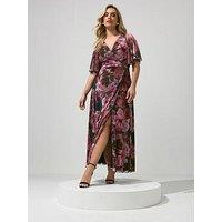 Yours Curve Burgundy Floral Abstract Mesh Dress - Red