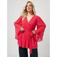 Yours Curve Pleat Sleeve Wrap Top - Red