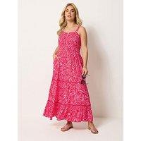 Yours Curve Leaf Print Tiered Maxi Dress - Red