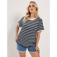Yours Curve Stripe Contrast Ringer T-Shirt - Blue