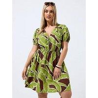 Yours Curve Palm Leaf Printed Mini Dress - Green