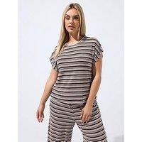 Yours Curve Stripe Grown On Sleeve Top - Brown