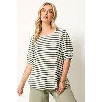 Yours Curve Stripe Puff Sleeve Top - Green