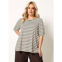 Yours Curve Stripe Puff Sleeve Top - Brown