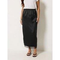 Pixiegirl Petite Satin Lace Hem Maxi Skirt - Black