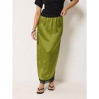 Pixiegirl Petite Satin Lace Hem Maxi Skirt - Green