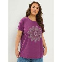 Yours Curve Placement Print Daisy Core T-Shirt - Purple