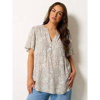 Yours Curve Printed Crinkle Notchneck Blouse - Cream