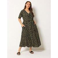 Yours Curve Ditsy Print Smock Crinkle Maxi Dress - Black