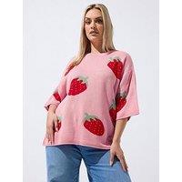 Yours Curve Strawberry Knit Boxy Top - Pink