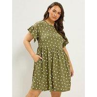 Yours Curve Spot Print Frill Sleeve Tunic Dress - Green