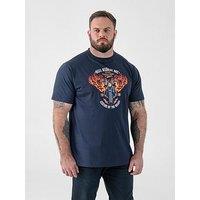 D555 Motorbike With Flame Wings Printed Crew Neck T-Shirt - Navy